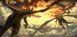  beautiful clouds detailed_background dragon feral flying horn horns kerem_beyit non-anthro scalie sky sunset tail wings 