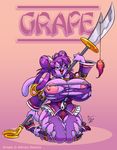  anthro breasts cat clothed clothing eltonpot feline female grape hair huge_breasts hyper hyper_breasts kneeling long_hair looking_at_viewer mammal nipples plain_background polearm purple purple_background purple_body purple_eyes purple_hair purple_theme solo spear tail torn_clothing weapon 