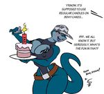  anthro birthday_cake blue_eyes bomb bomba breasts clothed clothing dialog dialogue eltonpot female hat humor humour lighter lizard monitor_lizard plain_background reptile scalie scar skimpy solo tail tattoo text tnt white_background wide_hips 