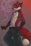 &#9794; ? amara_telgemeier anthro asher asher_the_firefox belt brick_wall canine cargo_pants chest_tuft cigarette clothing collar dipstick_tail fluffy_tail fox fur hair hand_on_hip looking_at_viewer male mammal oce pants pink_eyes raised_leg red_fur red_hair relaxing smoke smoking solo standing topless tuft white_fur 
