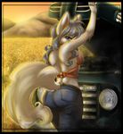  arctic-sekai blue_hair breasts butt canine car clothing engine female fox hair jeans looking_at_viewer raised_arm side_boob solo tail truck vehicle wheat_field white_hair 