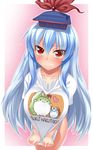  :3 blue_hair bottomless breasts clothes_writing embarrassed ex-keine fujiwara_no_mokou fujiwara_no_mokou_(phoenix) hat highres john_(nakoto) kamishirasawa_keine kamishirasawa_keine_(hakutaku) large_breasts long_hair naked_shirt red_eyes shirt shirt_tug solo sukusuku_hakutaku sweatdrop taut_clothes taut_shirt touhou wavy_mouth 