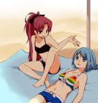  akr_et barefoot beach bikini blue_eyes blue_hair bow breasts cleavage empty_eyes fang front-tie_top hair_bow lying mahou_shoujo_madoka_magica medium_breasts miki_sayaka multiple_girls navel parody ponytail red_eyes red_hair sakura_kyouko spoilers striped striped_bikini striped_swimsuit swimsuit 