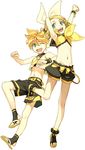  1girl alternate_costume armpits blonde_hair blue_eyes bow brother_and_sister crop_top full_body hair_bow hair_ornament hairclip hidari_(left_side) kagamine_len kagamine_rin lowres midriff navel one_eye_closed open_mouth short_hair siblings simple_background smile summer swimsuit twins vocaloid 