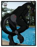  &lt;3 back bent_over black_skin breasts butt claws dragon female glowing glowing_eyes hindpaw horn horns looking_at_viewer looking_back nude paws photo_background pool side_boob solo standing tail tail_between_legs tattoo toe_claws toned walter_sache water wet 
