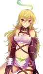  ahoge bare_shoulders blonde_hair blush breasts choker cleavage gauntlets gradient_hair kara_(color) large_breasts long_hair midriff milla_maxwell multicolored_hair shirt simple_background smile solo strapless streaked_hair tales_of_(series) tales_of_xillia taut_clothes taut_shirt tubetop 