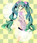  aqua_eyes aqua_hair bad_id bad_pixiv_id barefoot hair_ribbon hatsune_miku legs long_hair maeko ribbon solo twintails very_long_hair vocaloid 