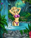  bent_arm big_breasts bikini brandy_and_mr._whiskers brandy_harrington breasts canine clothed clothing dog dots eyes_closed female flower janna-riina jungle mammal navel rocks skimpy smile solo standing swimsuit tail water waterfall 
