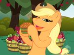  applejack_(mlp) blonde_hair bucket burger equine female feral food friendship_is_magic fruit green_eyes hair hamburger hat horse licking mammal my_little_pony pony solo suggestive tongue unknown_artist 