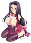  black_legwear blue_hair blush breasts china_dress chinese_clothes dress glasses green_eyes koihime_musou large_breasts long_hair mizushima_aru mole nipples shuuyu sitting solo thighhighs 