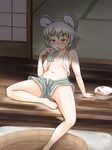 animal_ears arm_support arm_up bare_legs barefoot basin blush can door fan feet flat_chest grey_hair hot mouse_ears navel nazrin no_panties open_mouth open_pants pandain paper_fan red_eyes shade short_hair sitting soaking_feet soda_can solo stomach sweat tatami topless touhou towel towel_around_neck uchiwa veranda water 