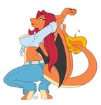  anthro anthrofied back_turned blue_eyes breasts brown_hair butt charizard clothed clothing dragon female from_behind hair lips lipstick looking_at_viewer micki nintendo plain_background pok&#233;mon pok&eacute;mon pokemorphic red_hair scalie side_boob smile solo unknown_artist video_games white_background wings 