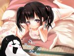  bad_id bad_pixiv_id black_hair blanket blush blush_stickers emia_(castilla) futon lying monoko on_stomach panties pillow poking purple_eyes shirt sleeveless sleeveless_shirt tatami twintails uboa underwear underwear_only white_panties yume_nikki 