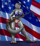  american_flag bar bikini breasts browning_automatic_rifle cleavage clothed clothing dinosaur drake_tigerclaw female gun ranged_weapon scalie skimpy solo swimsuit t-rex tyrannosaurus_rex vasha_vinodragova weapon 