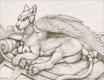  anus avian breasts ear_piercing earring ecmajor egyptian feline female feral greyscale hybrid lying mammal monochrome nipple_piercing nipple_ring nipples non-anthro on_side piercing plain_background pussy sketch solo sphinx white_background wings 