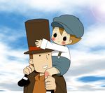  2boys blush brown_hair child happy hat hershel_layton highres level-5 luke_triton multiple_boys okada555 piggyback professor_layton shota 