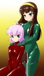  2girls blue_eyes blush bodysuit breasts brown_hair chair gimp gimp_suit gimpsuit green_eyes highres latex latex_suit long_hair multiple_girls pink_hair shiny short_hair simple_background sitting skin_tight skintight smile tamakko 