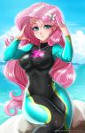  1girl beach blue_eyes blush breasts butterfly_hair_ornament cloud curly_hair day diving_suit eyebrows_visible_through_hair fluttershy hair_ornament jewelry long_hair looking_at_viewer medium_breasts my_little_pony my_little_pony_friendship_is_magic necklace ocean outdoors pink_hair racoon-kun rock sitting sky slender_waist smile solo thighs very_long_hair watermark web_address wet wet_clothes 