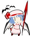  bat bat_wings blue_hair dress full_body hat kirbym lowres remilia_scarlet short_hair smile solo spear_the_gungnir touhou transparent_background wings |_| 