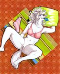  bottomless bra canine clitoris condom female fur inviting lying mammal on_back panties pillow presenting pussy solo spread_legs spreading thewhitefalcon underwear white white_fur wolf 