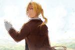  ahoge blonde_hair blue_sky boy cloud clouds edward_elric fullmetal_alchemist gloves jacket long_hair ponytail riru sky smile yellow_eyes 