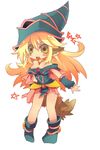  animal_ears bare_shoulders blonde_hair blue_footwear boots breasts character_name chibi cleavage dark_magician_girl duel_monster full_body hat inumimi-syndrome kemonomimi_mode long_hair medium_breasts pentacle solo tail white_background wizard_hat yellow_eyes yuu-gi-ou yuu-gi-ou_duel_monsters 