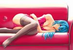  bare_shoulders blue_hair breasts cleavage couch crossed_arms feet large_breasts legs lying original pink_eyes shadow_cat smile solo thighhighs thighs toes 