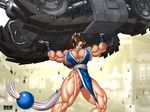  biceps breasts crossover extreme_muscles fatal_fury female flex flexing highres huge_breasts king_of_fighters large_breasts lifting masami metal_slug military military_vehicle muscle muscular_female outdoors pose ren_(tainca2000) rentb shiranui_mai snk solo tank vehicle 