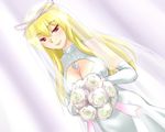  adder blonde_hair bouquet breasts cleavage cleavage_cutout dress dutch_angle elbow_gloves eyebrows flower gloves holding large_breasts pale_color red_eyes rose smile solo touhou veil wedding wedding_dress white white_background white_flower white_gloves white_rose yakumo_yukari 