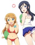  :d adjusting_hair aqua_eyes aragaki_ayase ass back bikini black_hair blue_eyes hair_ornament hairclip heart kousaka_kirino long_hair looking_at_viewer looking_back md5_mismatch multiple_girls navel official_style open_mouth orange_hair ore_no_imouto_ga_konna_ni_kawaii_wake_ga_nai panties red_bikini ribbon side-tie_bikini simple_background skirt smile stuffed_animal stuffed_toy swimsuit underwear utamaru_(konomix) wind wind_lift wristband 