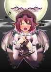  animal_ears blush full_moon grey_eyes hat highres jewelry moon musical_note mystia_lorelei open_mouth purple_hair short_hair single_earring solo touhou touyakakasi upper_body wings 