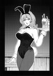  animal_ears bow bowtie breasts bunny_ears bunny_girl bunnysuit cleavage drink female gradient gradient_background highres large_breasts long_hair looking_at_viewer lupin_iii mine_fujiko monochrome pantyhose rippadou smile solo standing tail thighhighs tms_entertainment wrist_cuffs 