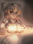  breasts cosmic_break dated groin large_breasts mecha_musume midriff rei_(cosmic_break) short_hair signature simple_background sketch smile solo sword weapon zerion 