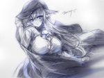  1girl animal_ears bell breasts cloak jingle_bell large_breasts liaas long_hair monochrome original signature sketch solo zerion 