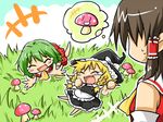  artist_request blonde_hair blush braid brown_hair chibi female grass green_hair hakurei_reimu kazami_yuuka kirisame_marisa laughing long_hair mushroom open_mouth short_hair tears touhou youkai 