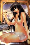  absurdres alcohol black_hair blue_eyes blush breasts censored convenient_censoring cup hair_censor hair_over_breasts highres hiyohiyo large_breasts legs long_hair nude onsen queen's_blade sakazuki sake scan sitting solo thighs tokkuri tomoe towel 