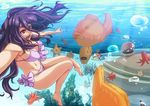  barefoot bikini bread bubble fish fish_bottle food foreshortening freediving gelatin octopus original pocky pov purple_hair red_eyes seashell seaweed shell solo starfish swimming swimsuit taiyaki tako-san_wiener underwater wagashi yuuki_maya 