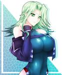  bare_shoulders blue_leotard breasts collar cropped_jacket green_eyes green_hair haganef impossible_clothes lamia_loveless large_breasts leotard long_hair mosaic_background parted_lips solo super_robot_wars super_robot_wars_original_generation upper_body 