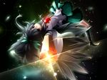  arm_cannon black_hair black_wings bow brown_eyes cape hair_bow long_hair mizunoto_nozumi reiuji_utsuho skirt smile solo third_eye touhou weapon wings 