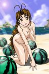  arched_back beach blue_sky blush breasts brown_eyes brown_hair cloud clouds female food fruit full_body large_breasts long_hair love_hina naked nude ocean open_mouth otohime_mutsumi outdoors pose sand sky solo sun sunlight sunshine water watermellon watermelon 