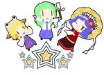  circle_formation detached_sleeves frog hair_ornament hair_ribbon hat kirbym kochiya_sanae moriya_suwako multiple_girls one_eye_closed open_mouth ribbon rope shimenawa smile snake star touhou transparent_background yasaka_kanako |_| 