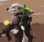  armor assault_rifle blood canine duo ears fox fur green green_fur gun knife mammal pistol ranged_weapon syynx tail teeth weapon wolf 