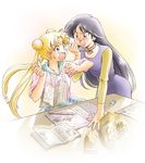  angry bishoujo_senshi_sailor_moon black_hair blonde_hair blue_eyes blue_sailor_collar book casual chips double_bun eraser food hino_rei long_hair multiple_girls open_mouth pencil potato_chips purple_eyes sadahara_ajiko sailor_collar sleeves_rolled_up sweatdrop tsukino_usagi very_long_hair white_background 