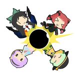  &gt;_&lt; :3 animal_ears black_sun black_wings bow cape cat_ears cat_tail circle_formation closed_eyes hair_bow hat heart kaenbyou_rin kirbym komeiji_koishi komeiji_satori multiple_girls reiuji_utsuho sun sun_hat tail third_eye touhou transparent_background weapon wings x3 |_| 