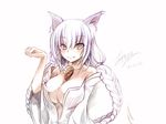  1girl animal_ears braid breasts brown_eyes cat_ears cleavage copyright_request dated original signature simple_background solo twin_braids white_hair zerion 