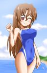  breasts brown_hair competition_swimsuit covered_nipples goriate hayate_no_gotoku! large_breasts long_hair maria_(hayate_no_gotoku!) one-piece_swimsuit one_eye_closed red_eyes solo swimsuit 