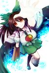  arm_cannon black_hair bow brown_hair cape green_bow hair_bow long_hair outstretched_arm red_eyes reiuji_utsuho smile socha solo third_eye touhou very_long_hair weapon wings 