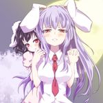  animal_ears between_breasts black_hair blush breasts bunny_ears commentary crying crying_with_eyes_open dress dress_shirt full_moon holding_hands inaba_tewi interlocked_fingers large_breasts long_hair moon multiple_girls necktie purple_hair red_eyes red_neckwear reisen_udongein_inaba ryu-tan shirt short_hair tears touhou upper_body 
