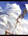  ar_tonelico ar_tonelico_iii bike_shorts blonde_hair braid cloud letterboxed purple_eyes saki_(ar_tonelico) short_hair sky solo standing thighhighs toyota_(artist) umbrella white_legwear 