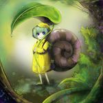  antennae blue_eyes green_hair karas kong_ya leaf monster_boy no_humans no_nose raincoat snail solo youkai 